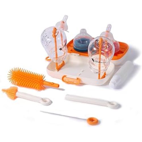 baby bottle brush 7in1 travel bottle cleaner kit with Bottle Brush,Nipple Brush,Straw Cleaner Brush,Soap Dispenser,Bottle Drying Rack,Drainage Tray,Storage Box,Baby Travel Essential (White)