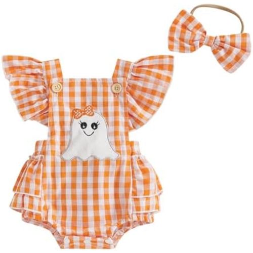 Newborn Baby Girl Halloween Outfit Plaid Romper Overalls Pumpkin Ghost Embroidery Sleeveless Bodysuit Onesie Headband
