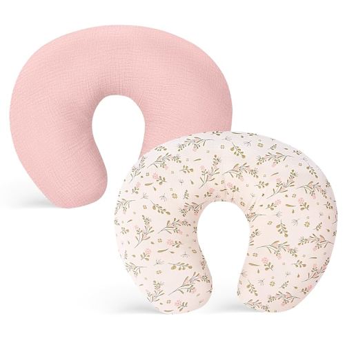 Winmany 2 Pack Muslin Nursing Pillow Covers Soft Cotton Newborn Breastfeeding Pillow Cover Baby Feeding Pillow Slipcover Shower Gifts for Boys Girls (Pink + Flower)