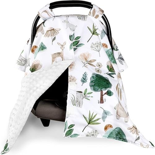 Minky Car Seat Cover for Baby Girl & Boys, Car Seat Canopy with Peep Window, Multiuse Carseat Covers Protecting Baby from Wind, Sun, Strangers, Woodland Animal
