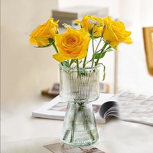 Glass Vase for Flower Modern Vase Home Decor for Centerpiece Table Living Room, Bedroom Wedding Housewarming Decorations Vases Ribbed Vase (Clear)