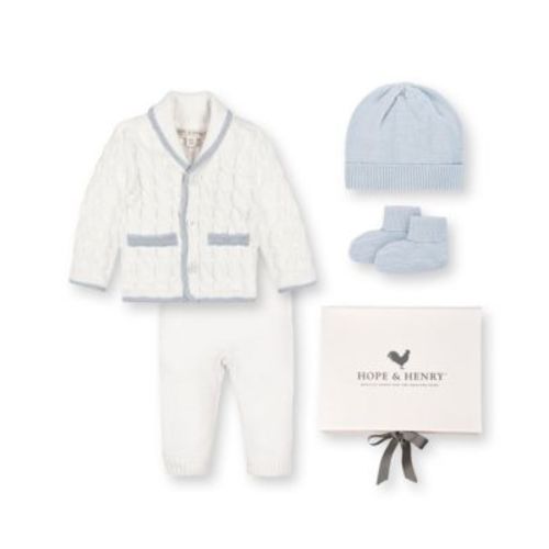 Unisex 5 Piece Organic Sweater Cable Cardigan, Legging, Hat, & Bootie Boxed Gift Set - Baby