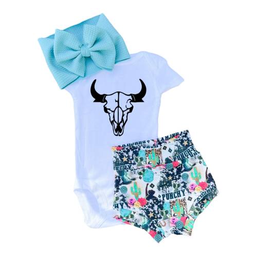 Punchy Western Brushstroke Baby Bummies and Bow Set, Cow Skull Baby Girl Outfit, Shorts And Bodysuit