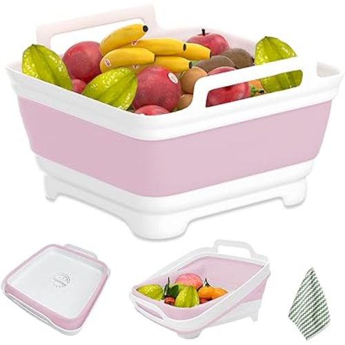 2.4 Gal(9L) Collapsible Dish Basin,Collapsible Kitchen Sink with Drain,Laundry Tub,Dish Tubs, Camping Sink Foldable, Kitchen Storage Tray for Camping, Vegetable Washing, RV (Pink)