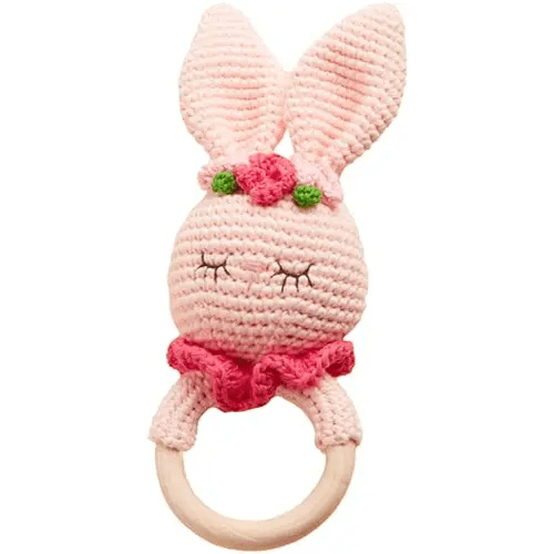 Chippi & Co Crochet Wooden Baby Rattle, Crochet Baby Toys Stuffed Animals Easter Gifts for Kids, Wooden Newborn Toys, Easter Basket Stuffers, Basket Filler for Girls, Boys, Bunny Decor (Clover Bunny)