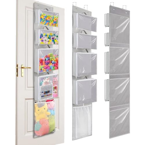 Over Door Organizer and Storage, Hanging Toy Holder with 4 Clear Removable Pouches, Toddler Room Wall Stuffed Animal Bag Case, Kids Playroom Closet Organization for Building Block, Puzzle