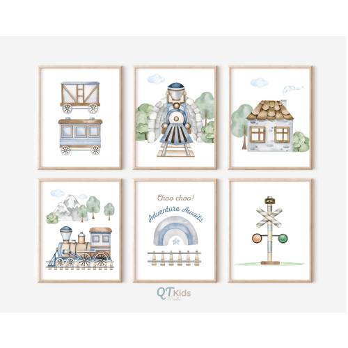 Train Nursery Prints, Watercolour Train Boy Room Printable Wall Art, Transport Vehicles, Kids Playroom Print Set of 6, DIGITAL DOWNLOAD