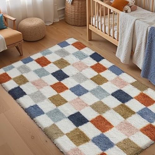 Checkered Rug 4x6 for Living Room, Modern Rainbow Shag Rug Super Soft Washable Fluffy Rugs Indoor Fuzzy Carpet for Bedroom Home Dorm Aesthetic Decor