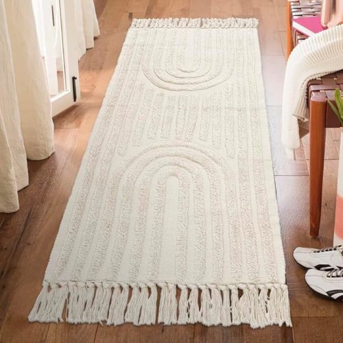 Lanffia Hallway Runner Rug 2' x 5', Washable Kitchen Runner Rug, Modern Laundry Room Rugs Indoor Farmhouse Soft Cotton Rainbow Tuftded Carpet Runner for Bedroom Entryway Front Door, White/Beige