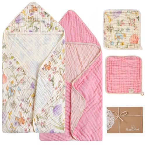 HardNok 4-Piece Ultra Soft Muslin Baby Towel Set - Muslin & Bamboo Viscose Blend, Ideal for Bath & Beach, Suitable for Baby Girls, (Garden Woodland, 32x32 inches)