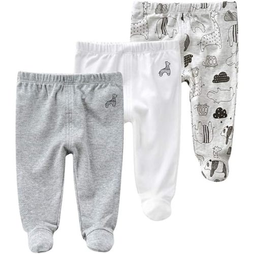 Teach Leanbh Newborn Baby 3 Pack Footed Pants Cotton Embroidery Pringting Casual Leggings 3-6 Months
