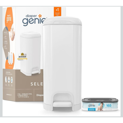 Diaper Genie Select Pail is Made of Durable Stainless Steel and Includes 1 Starter Square Refill That can Hold up to 165 Newborn-Sized Diapers.