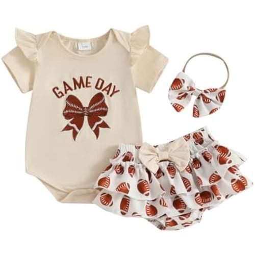 Baby Girl Football Outfit Game Day Bow Romper Rugby Layered Bloomers Shorts Boutique Summer Clothes+Headband