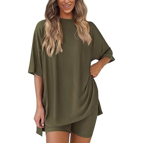 PRETTYGARDEN Women's Two Piece Lounge Set 2025 Summer Casual Oversized Shirts Biker Shorts Matching Airport Travel Outfit
