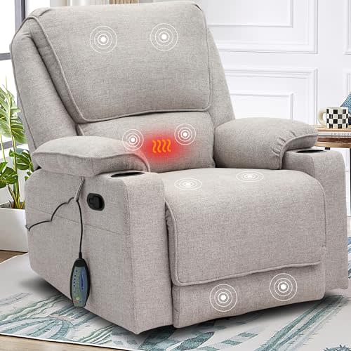 KIGOTY Recliner Chair Swivel Glider with Cup Holder, Recliners with Massage and Heating, Manual Reclining Chair with Footrest and 360 Swivel Rotation Base for Living Room (Light Grey)