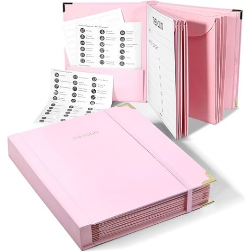 The Folio Document Organizer,Important Document Organizer| Extra Thick Paper,Hard Cardboard Cover,Durable Binder for Office and Home,Birth Certificates, (Light Pink)