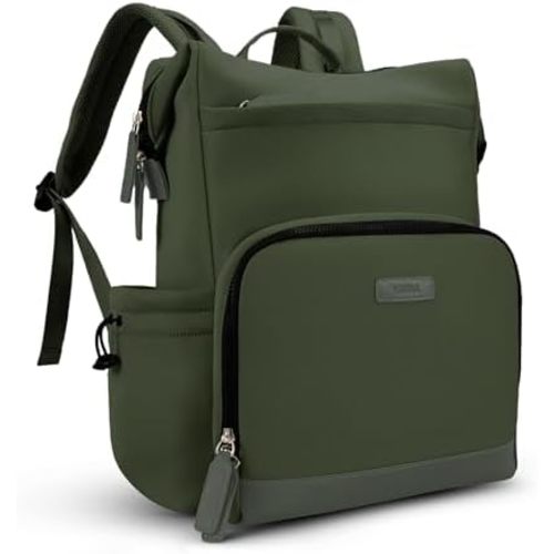 VONAL Neoprene Diaper Bag Backpack with Changing Pad, 33L Large Capacity Neoprene Backpack Baby Diaper Bag with Insulated Pockets, Travel Diaper Backpack Baby with 12 Pockets for Mom & Dad, Green