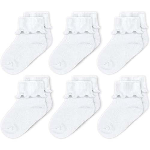 CozyWay Baby Girl Ruffle Socks - Turn Cuff Ankle Comfy Cotton Socks Infant - For Ages 1-11 Months - Unisex White - 6 Pack