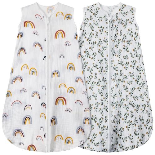 2 Pack Baby Sleep Sack 0-6 Months 100% Organic Cotton Muslin Baby Sleeping Bag 2-Way Zipper Wearable Blankets (Rainbow & Leaf, Small)