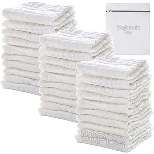 Baby Muslin Soft White Small Washcloths for Newborn Essentials Must Haves Muslin Wash Absorbent Burp Cloths Registry for Your Baby Boy Face Towel And Bath Washcloth Koo-dib 30 Pack Set + Wash Mesh Bag