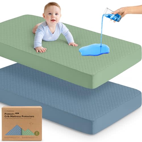 Waterproof Crib Mattress Protector Cover Fitted - 2-Pack Quiet Baby Crib Mattress Pad Sheets, 52" x 28" Soft Quilted Cotton Baby Sheet, Machine Washable, Easy Fit, Durable (Lagoon/Quin)