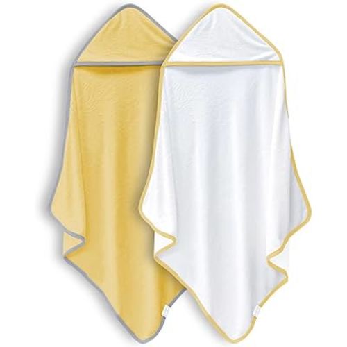 2 Pack Premium Baby Bath Towel - Rayon Made from Bamboo, Hooded Towels for Babies,Toddler,Infant - Newborn Essential -Perfect Baby Registry Gifts (White and Yellow, 30 x 30 Inch)