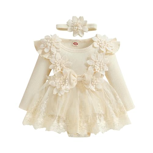 ZAXARRA Infant Baby Girl Romper Dress Baby Dress Romper Flowers Lace Fall Winter Clothes with Headband