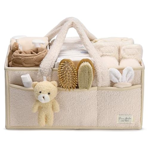PeraBella Baby Diaper Caddy Organizer, Baby Organizers and Storage for Changing Table, Babies Shower Gift Basket for Boy &Girl, Nursery Essentials Car Caddy Organizer with Handle, White Diaper Basket