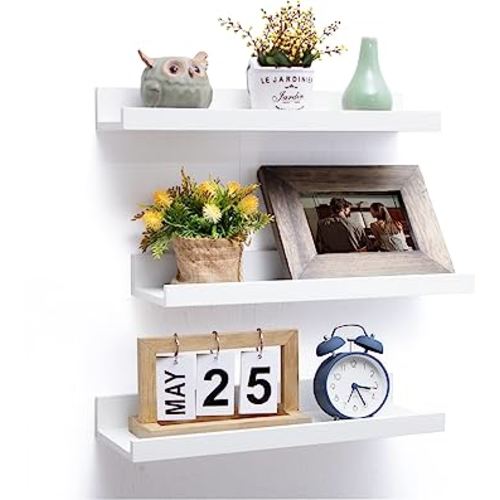 Picture Ledge Shelf, Floating Shelves for Wall White Set of 3, Picture Shelf for Wall with Ledge, Floating Shelves with Lip, Photo Shelf for Nursery Bathroom Bedroom Living Room Kitchen Office - White