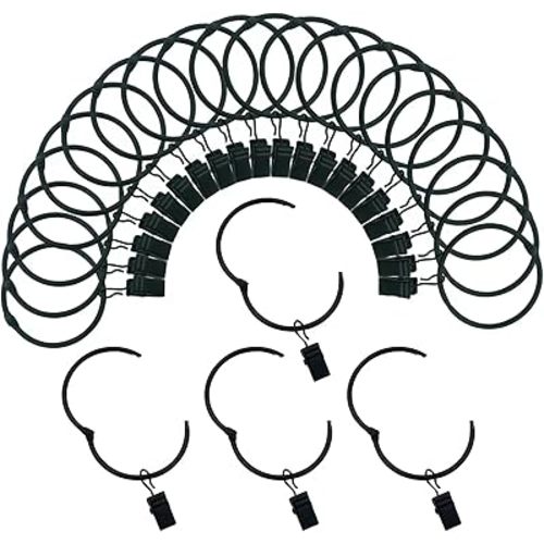 Curtain Rings with Clips 1 Inch Interior Diameter Openable 24 Pack Rustproof Metal Hangers Ring Decorative Drapery Vintage Black TXZWJZ