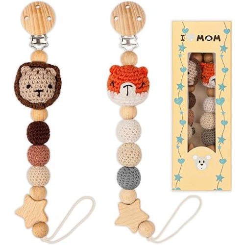 Pacifier Clip, 2 Pack Pacifier Clips for Boys and Girls, Cute Fox&Lion Handmade Knitted Pacifier Holder Fits for Most Pacifier, Baby Teethers, Baby Shower and Baby Gift