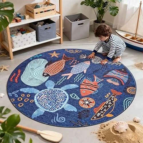 jinchan 4ft Coastal Round Rug Kids Washable Fun Rug Colorful Ocean Fish Small Mat Non Slip 4' Round Soft Circle Mat Lightweight Cozy Carpet for Bedroom Nursery Playroom Dorm Daycare Bathroom Blue