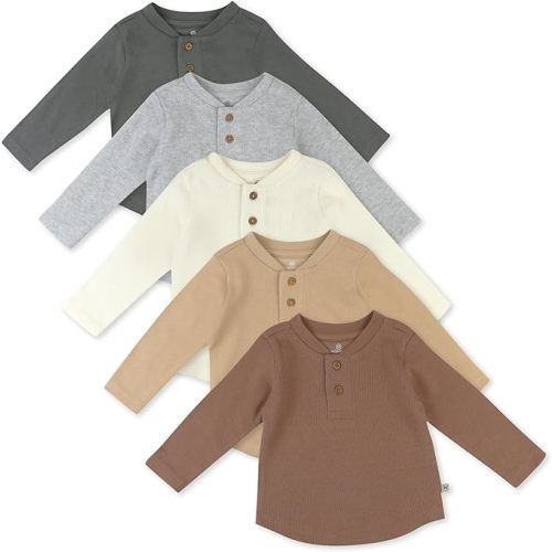 HonestBaby Boys' Baby Toddler & Kid Waffle Henley 100% Organic Long Sleeve Shirts (5-Pack)