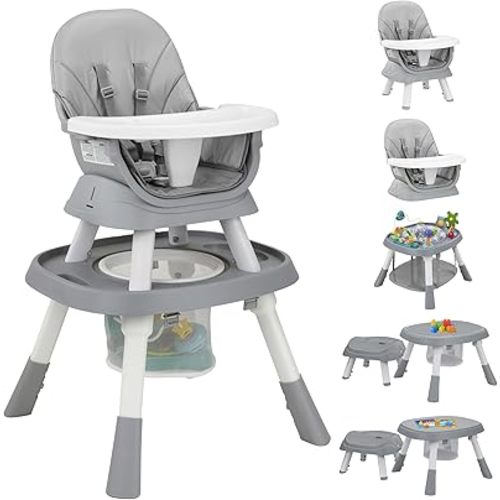 Baby High Chair with Activity Play Center,8-in-1 Convertible High Chairs for Babies and Toddlers with Baby Toys,Table and Chair Set Building Block Table,Highchair for Ages 6-120 Months,Grey