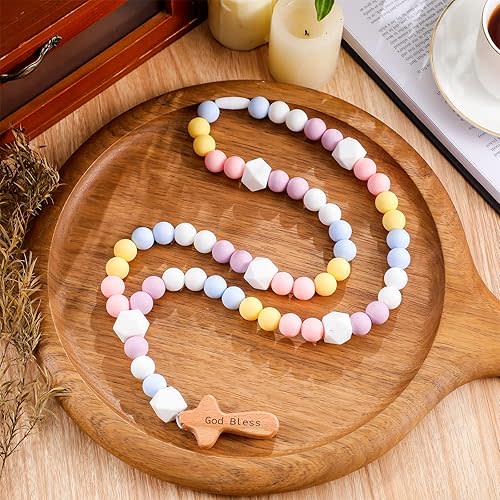 Misdary Baby Rosary Baptism Gift Silicone God Bless Kids Rosary with Cross Baptism Party Supply for Baby Shower Christian Catholic Communion Gifts(Multicolor,Square)