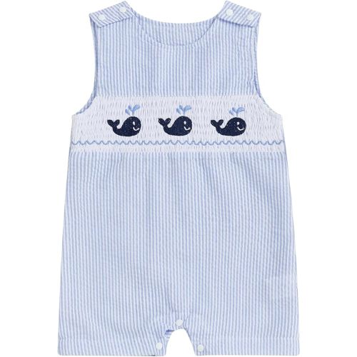 Newborn Baby Boys Sleeveless Seersucker Romper One Piece Straps Overalls Striped Jumpsuit Summer Smocked Clothes