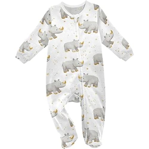 Gray Rhinoceros Baby One-Piece Footies Cotton Rompers Boys Girl Clothes 0-24 Months