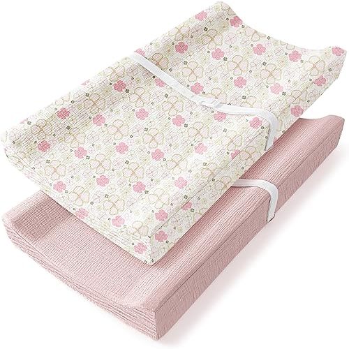 Bearmoss Changing Pad Cover, 2 Pack Muslin [100% Cotton] Diaper Changing Table Covers, 32'' x 16'' Soft Breathable Changing Pad Sheets for Unisex Baby Girls and Boys with Strap Holes (Pinkfloral)