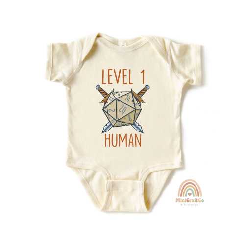Custom DND Baby Onesie®, Dungeons and Dragons Baby Gifts, Level 1 Human Baby Bodysuit, MMO, RPG, Funny Baby Clothes, Cute Baby Announcement
