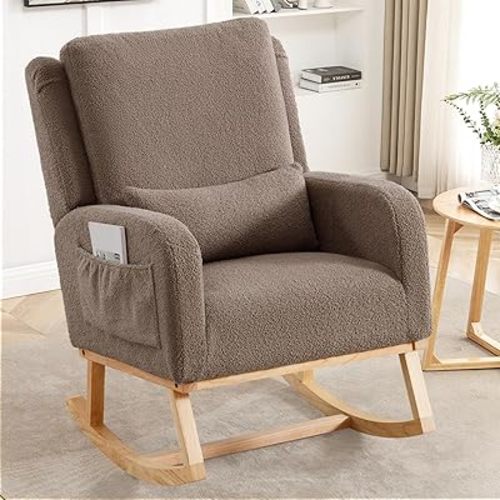 Rocking Chair Nursery,Sherpa Nursing Rocking Chairs, Upholstered Nursery Glider Rocker Wingback Morden Rocking Chair with Lumbar Pillow for Mom Nursery, Living Room, Bedroom, Teddy Coffee