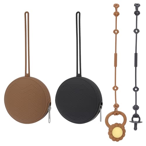 Nupoopy 2 Pack Silicone Pacifier Holder Case & Baby Toy Strap, BPA-Free Silicone Newborn Binky Holder for Baby Boys & Girls, Travel Pacifier Container Case for Diaper & Strollers (Dark Grey/Clay)