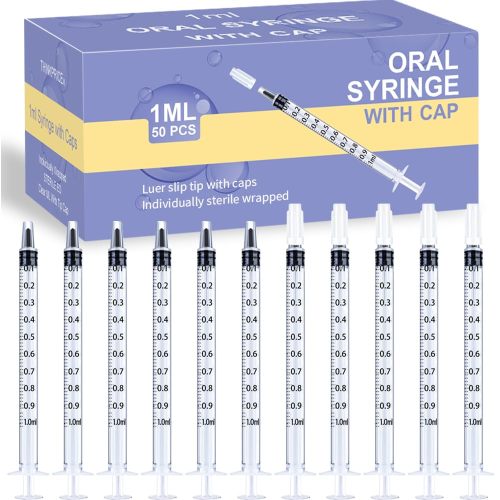 50 Pcs 1ml Syringes with Caps Oral Dispenser Individually Sterile Warpped for Medicine Dropper, Colostrum Collect Feeding Pets, Liquid S301