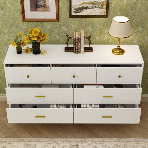 FAMAPY 55.9'' W White Dresser Chest In White and Gold 7 Drawer Storage White