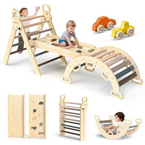BlueWood Pikler Triangle Set 7in1 Foldable Baby Climbing Wooden Toys with Arch&Ramp&Ladder Climber Indoor Jungle Gyms for Toddlers - Mauve Pink