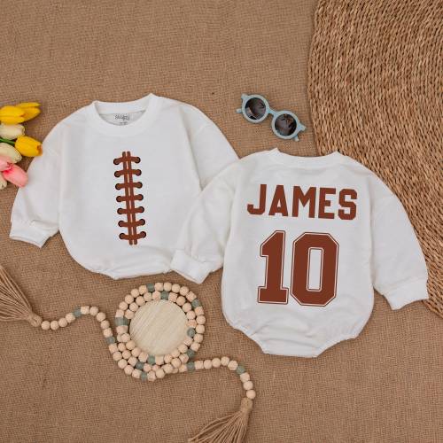 Personalized Football Baby Romper, Custom Name and Number Game Day Baby Bodysuit, Gameday Outfit, Baby Clothes, Football Baby Shower Gift