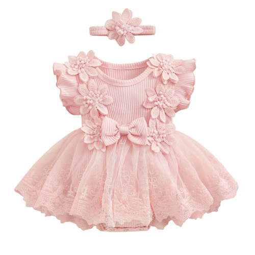 Hirigin Baby Girl Lace Romper Dress Short Sleeve Ruffle Mesh Tutu Dress 0 3 6 12 18 Months Cute Jumpsuits with Headband
