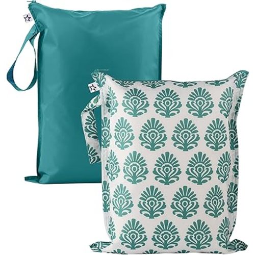 Tiny Twinkle Mess proof Waterproof Wet Dry Bag | 2-Pack Reusable Wet Bags for Swimsuits & Baby Clothes | Leakproof Wet Bag for Travel & Diapers | Wet Bags for Baby (Peacock)