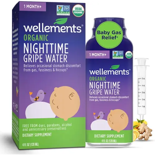 Wellements Organic Nighttime Gripe Water for Babies 1 Month+ (4 Fl Oz) - Baby Gripe Water for Bedtime Relief Gas, Colic & Fussiness - Herbs Promote a Peaceful Night’s Sleep - USDA Certified & Non GMO