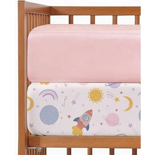 Baby Crib Sheets for Boys & Girls - Pack of 2 Fitted Microfiber Crib Sheets for Standard Crib & Toddler Mattress - Soft, Breathable & Wrinkle Free - Machine Washable, Oeko Tex - 52x28x8in - Space Girl
