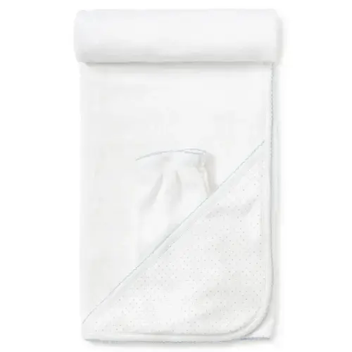 White/Blue New Kissy Dots Hooded Towel & Mitt Set